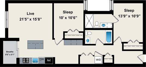 Floor plan for 2 beds, 2 baths, 1022 sqft