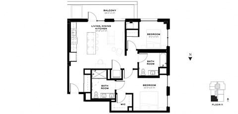 Floor plan for 2 beds, 2 baths, 1066 sqft