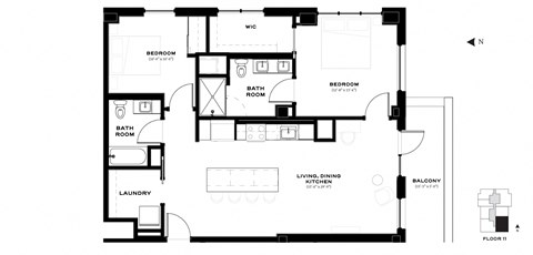 Floor plan for 2 beds, 2 baths, 1116 sqft