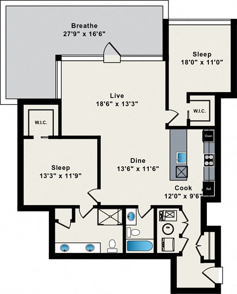 Floor plan for 2 beds, 2 baths, 1223 sqft