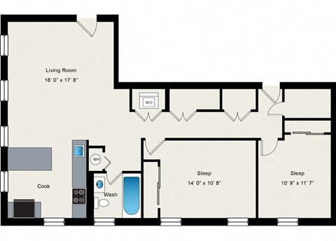 Floor plan for 2 beds, 1 bath, 1208 sqft