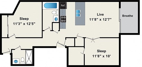 Floor plan for 2 beds, 2 baths, 890 sqft