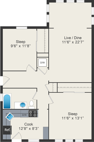 Floor plan for 2 beds, 1 bath, 993 sqft