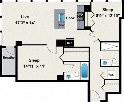 Floor plan for 2 beds, 2 baths, 979 sqft