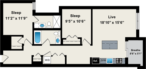 Floor plan for 2 beds, 2 baths, 964 sqft