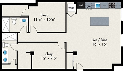 Floor plan for 2 beds, 2 baths, 1013 sqft