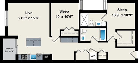 Floor plan for 2 beds, 2 baths, 1022 sqft