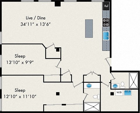 Floor plan for 2 beds, 2 baths, 1550 sqft