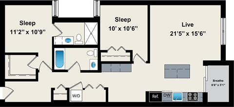 Floor plan for 2 beds, 2 baths, 1025 sqft
