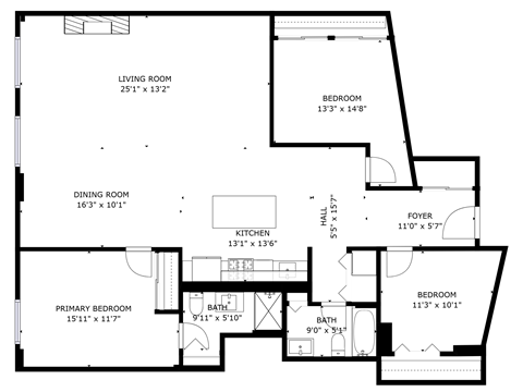 Floor plan for 2 beds, 2 baths, 1577 sqft