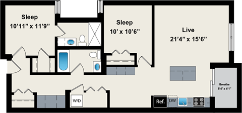 Floor plan for 2 beds, 2 baths, 1029 sqft
