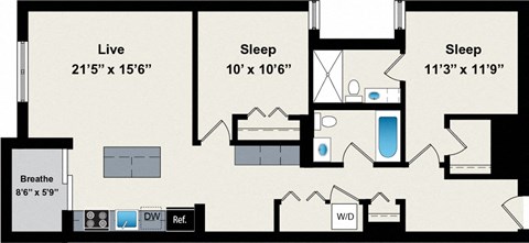 Floor plan for 2 beds, 2 baths, 1031 sqft