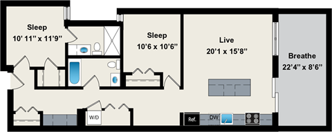 Floor plan for 2 beds, 2 baths, 1041 sqft