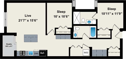 Floor plan for 2 beds, 2 baths, 1043 sqft