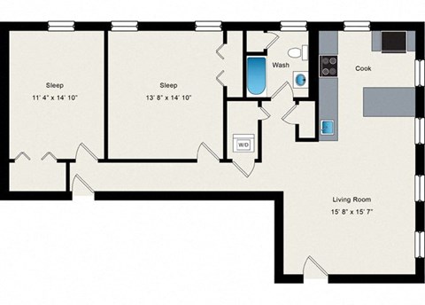 Floor plan for 2 beds, 1 bath, 1208 sqft