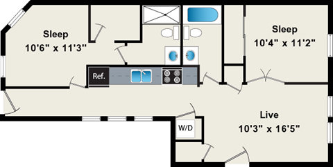 Floor plan for 2 beds, 2 baths, 895 sqft