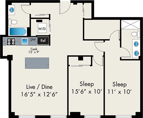 Floor plan for 2 beds, 2 baths, 1056 sqft