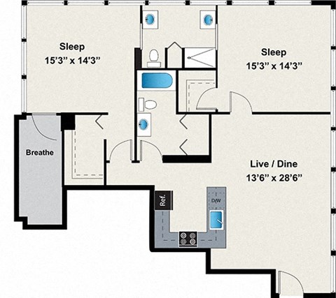 Floor plan for 2 beds, 2 baths, 1216 sqft