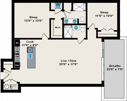 Floor plan for 2 beds, 2 baths, 1259 sqft