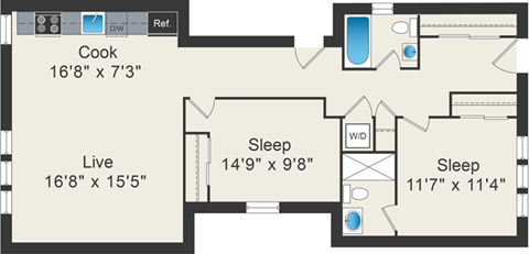 Floor plan for 2 beds, 2 baths, 1136 sqft