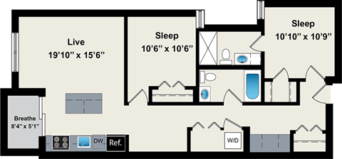 Floor plan for 2 beds, 2 baths, 975 sqft
