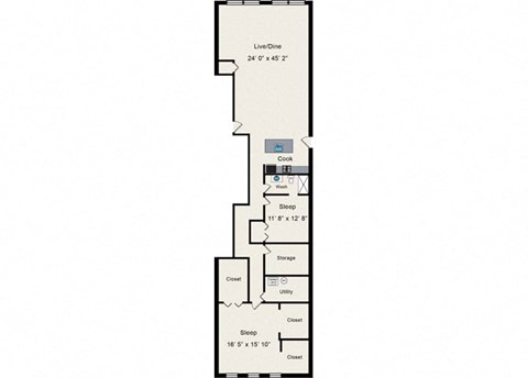 Floor plan for 2 beds, 1 bath, 2089 sqft