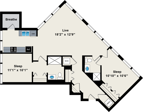 Floor plan for 2 beds, 2 baths, 1073 sqft