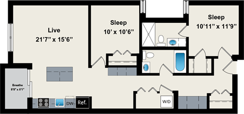 Floor plan for 2 beds, 2 baths, 1043 sqft