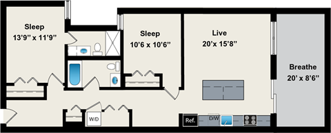 Floor plan for 2 beds, 2 baths, 1043 sqft