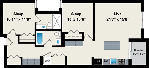 Floor plan for 2 beds, 2 baths, 1044 sqft