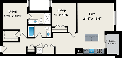 Floor plan for 2 beds, 2 baths, 1049 sqft