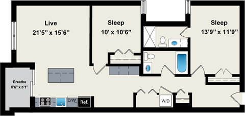 Floor plan for 2 beds, 2 baths, 1049 sqft