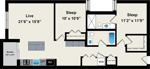 Floor plan for 2 beds, 2 baths, 1050 sqft