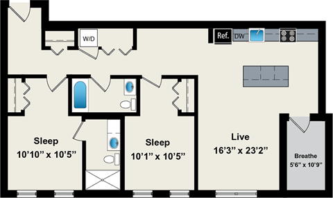 Floor plan for 2 beds, 2 baths, 1077 sqft