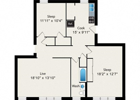 Floor plan for 2 beds, 1 bath, 890 sqft
