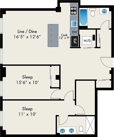 Floor plan for 2 beds, 2 baths, 1075 sqft