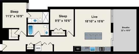 Floor plan for 2 beds, 2 baths, 975 sqft