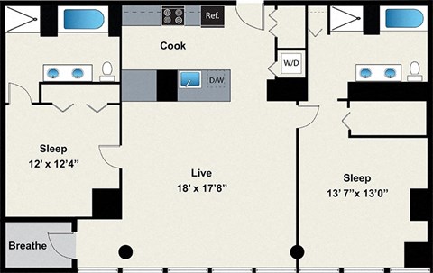 Floor plan for 2 beds, 2 baths, 1270 sqft