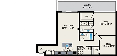 Floor plan for 2 beds, 2 baths, 1265 sqft