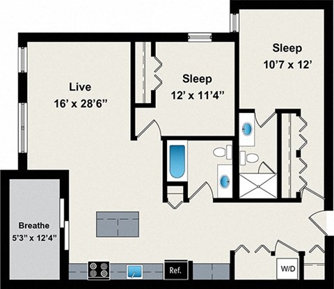 Floor plan for 2 beds, 2 baths, 1085 sqft