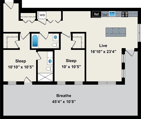 Floor plan for 2 beds, 2 baths, 1090 sqft