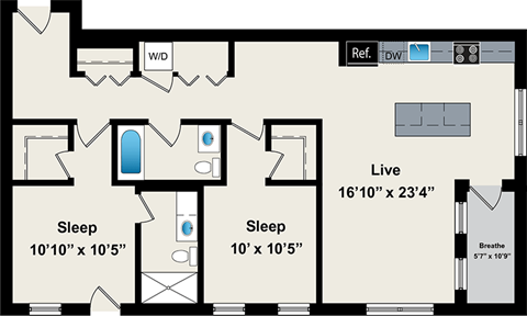 Floor plan for 2 beds, 2 baths, 1090 sqft