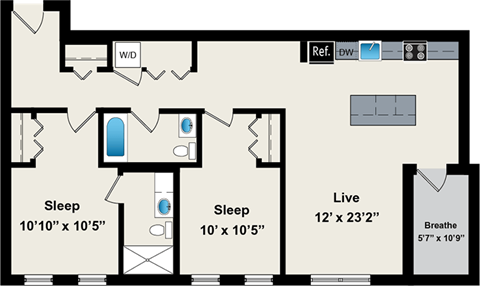 Floor plan for 2 beds, 2 baths, 1090 sqft