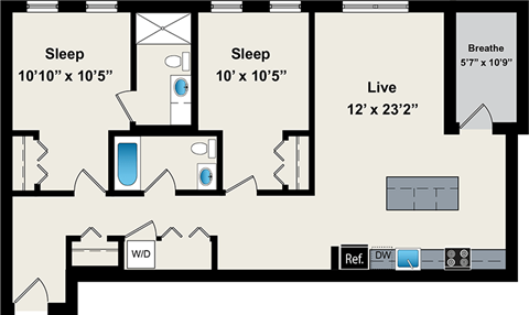 Floor plan for 2 beds, 2 baths, 1092 sqft
