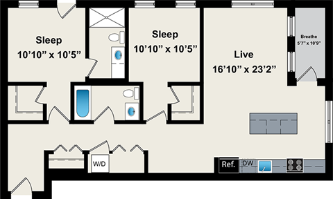 Floor plan for 2 beds, 2 baths, 1092 sqft
