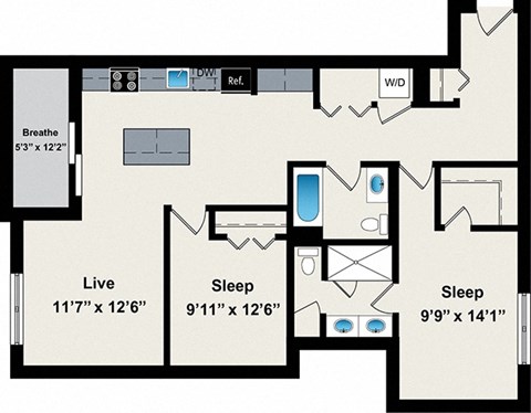 Floor plan for 2 beds, 2 baths, 1103 sqft