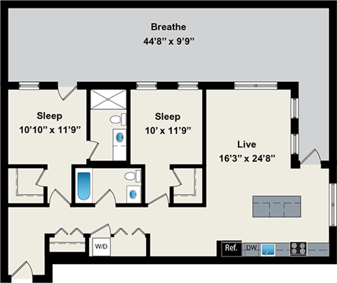 Floor plan for 2 beds, 2 baths, 1138 sqft