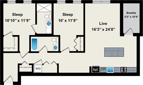 Floor plan for 2 beds, 2 baths, 1138 sqft