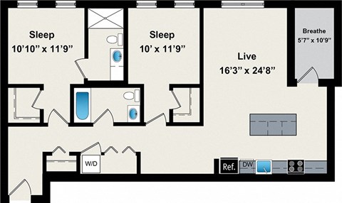 Floor plan for 2 beds, 2 baths, 1138 sqft