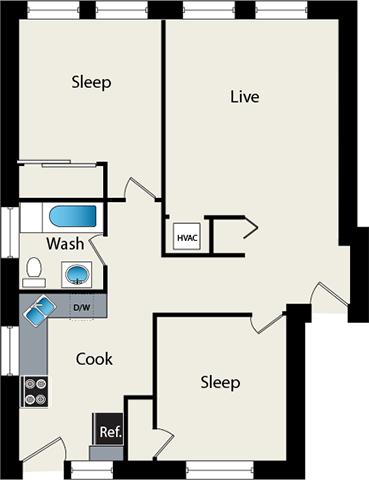 Floor plan for 2 beds, 1 bath, 900 sqft